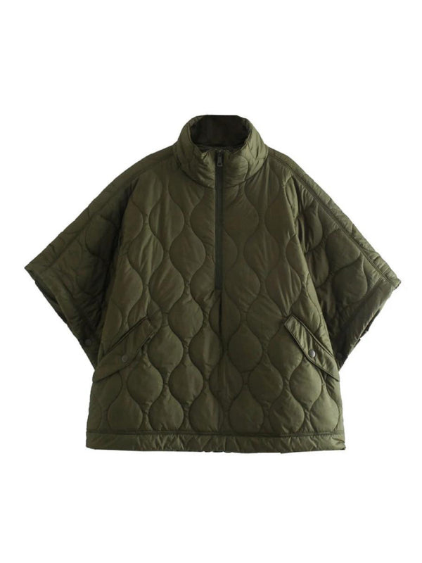 Women's new half-zip loose waterproof cape-style cotton half-sleeved diamond check pullover jacket
